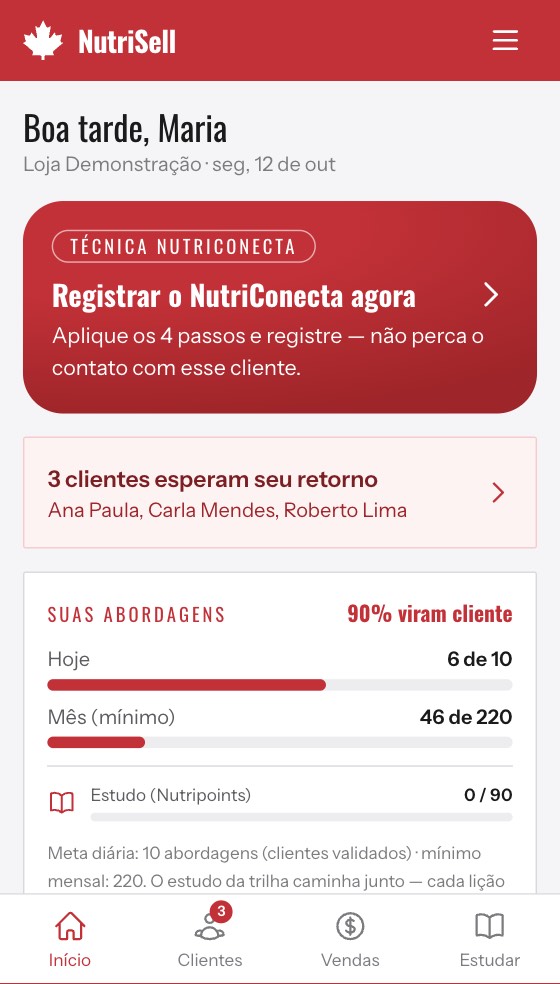 Home do NutriSell, com faixa do mês, abordagens do dia e clientes aguardando retorno.
