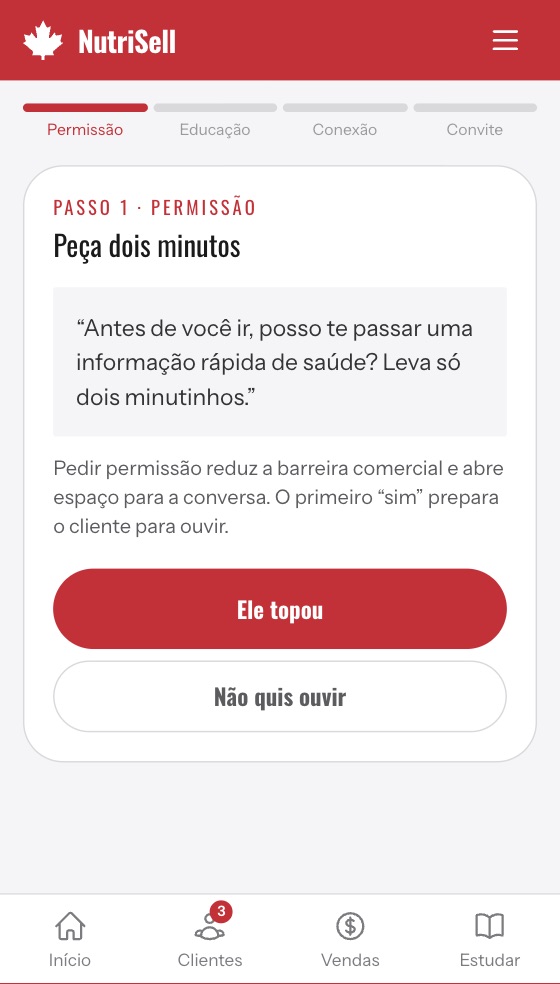 Passo 1 do roteiro NutriConecta: pedir permissão para compartilhar uma informação de saúde.