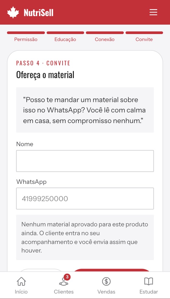 Passo 4 do roteiro NutriConecta: convite para receber um material pelo WhatsApp.